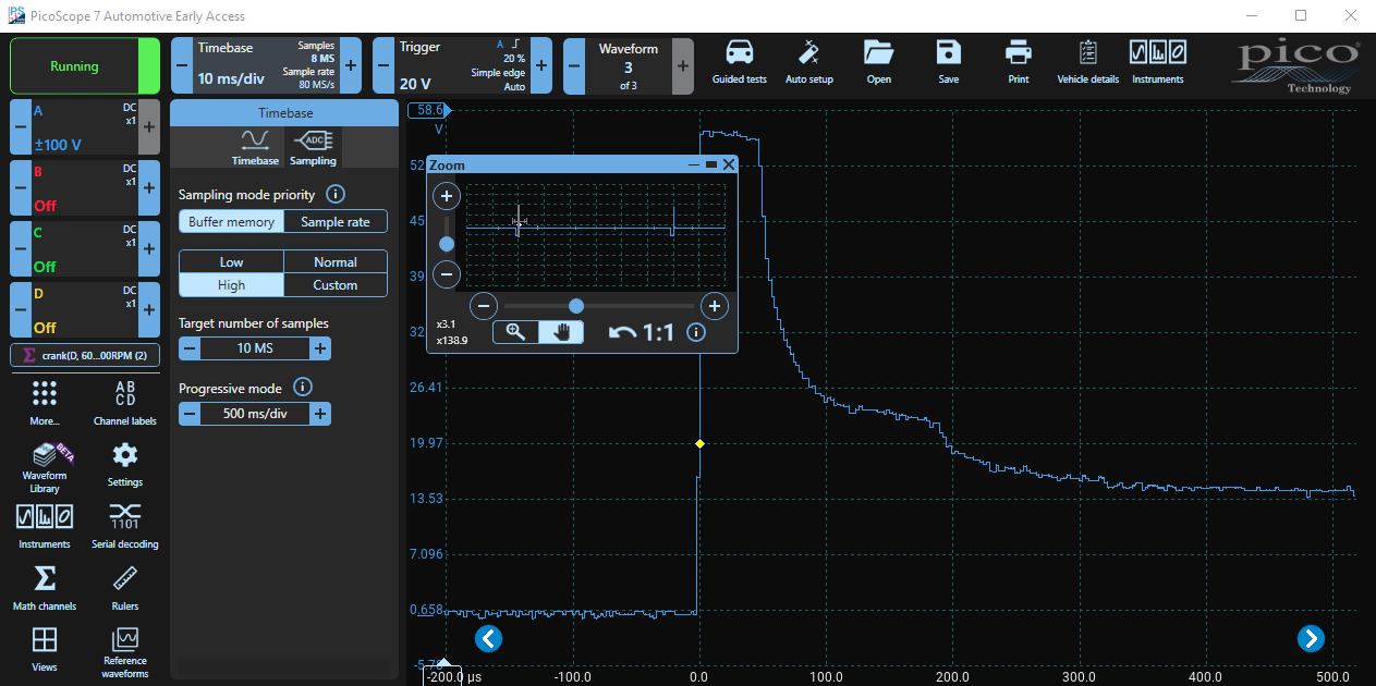 PicoScope Demo Mode Zoom Back EMF Spike