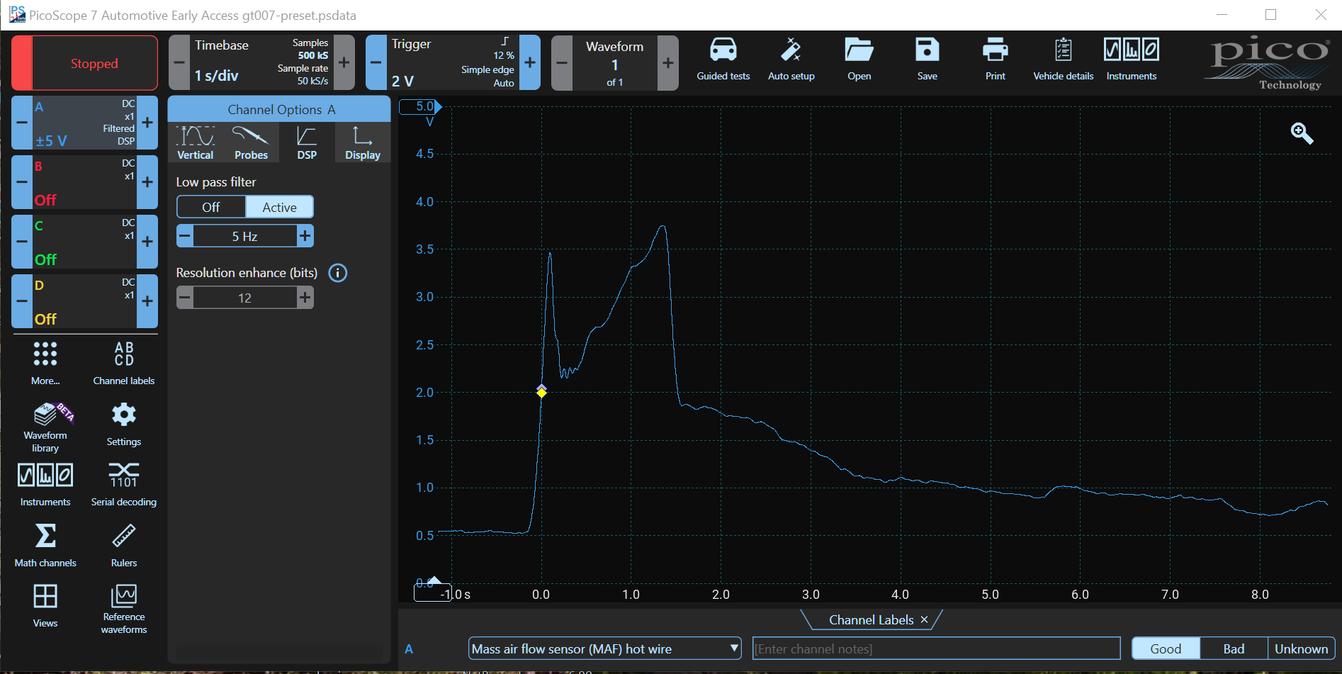 Test 8 MAF Sensor Waveform with DSP Filter Applied